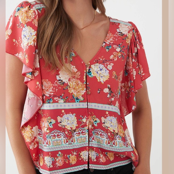 O’NEILL Red Floral Flutter-Sleeve Maggy Button-Up Top SIZE MED- NWT - Picture 8 of 10
